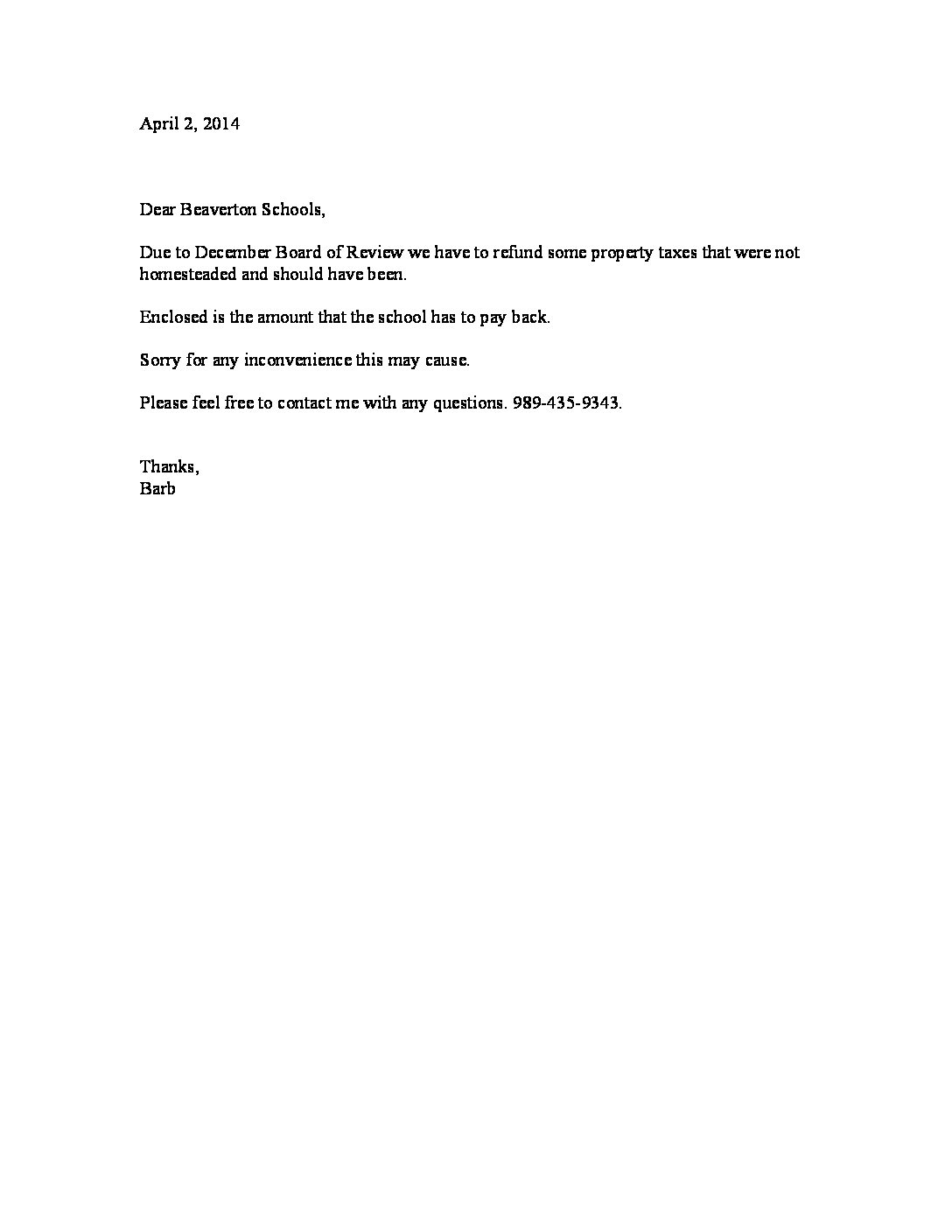 2014 Tax Reimbursement Letter to School