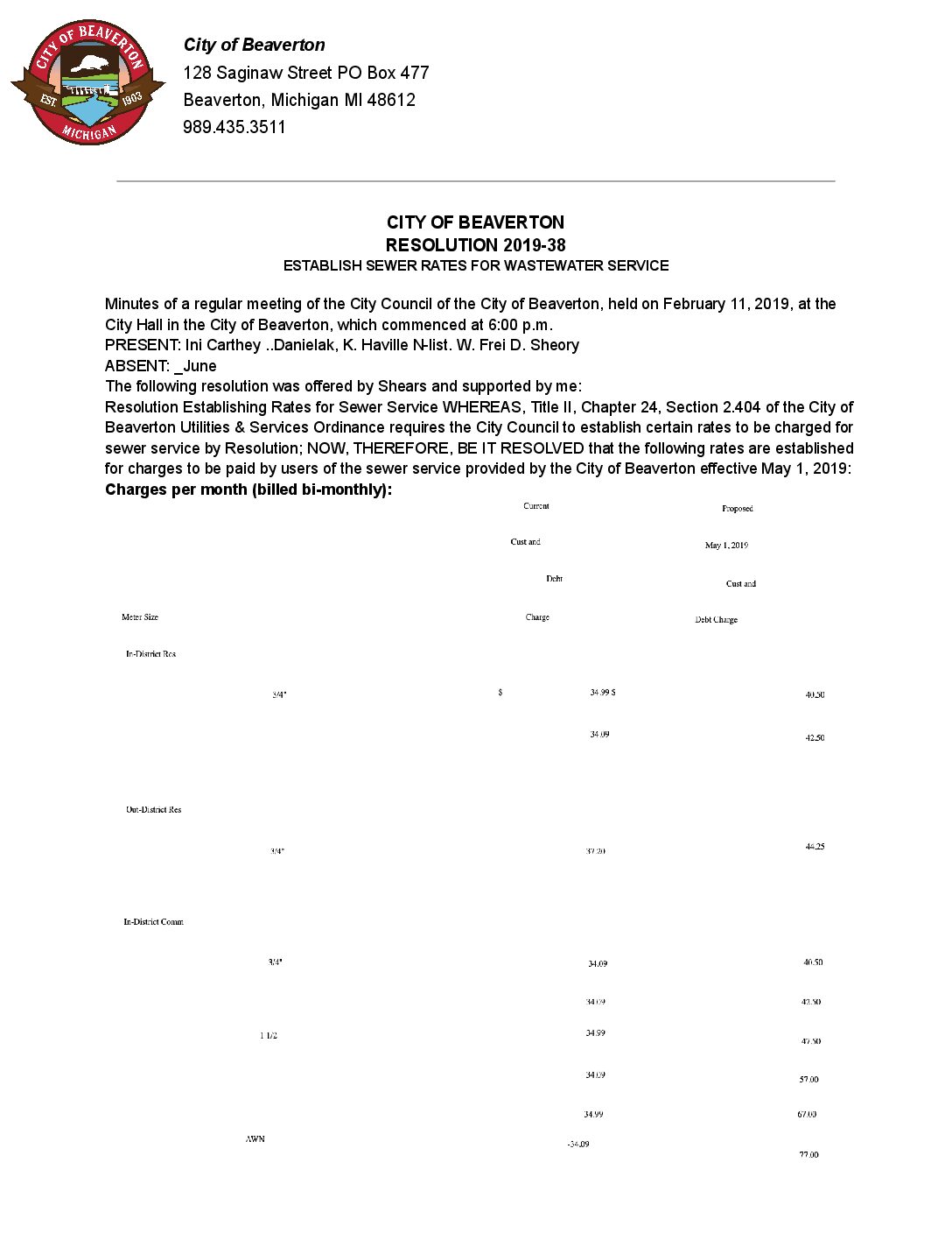 2019 Sewer Rates 2019-38