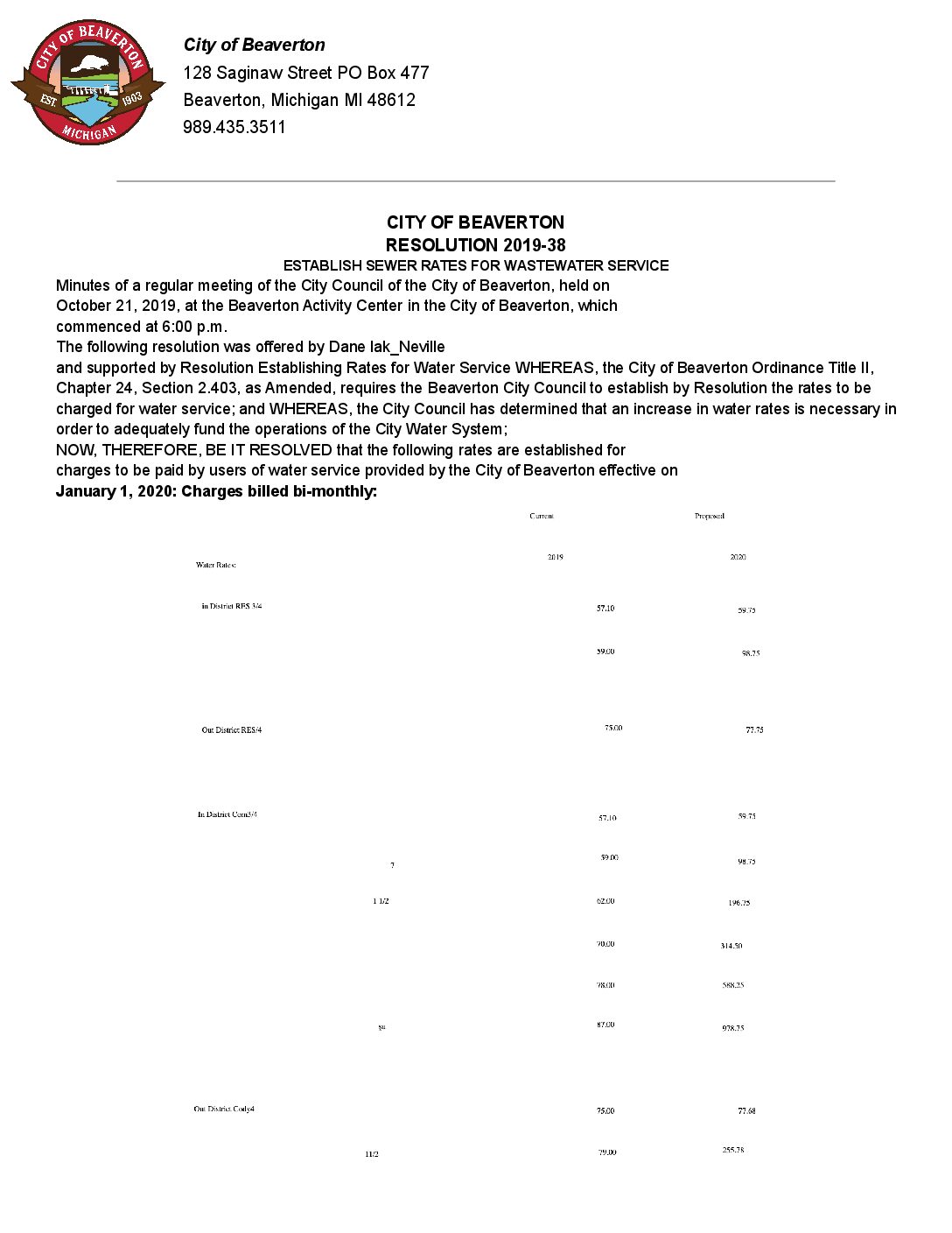 2020 Water Rates 2019-38