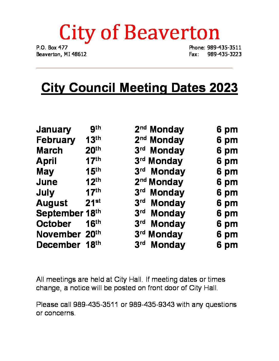 2023 City Council Meeting Dates – Updated