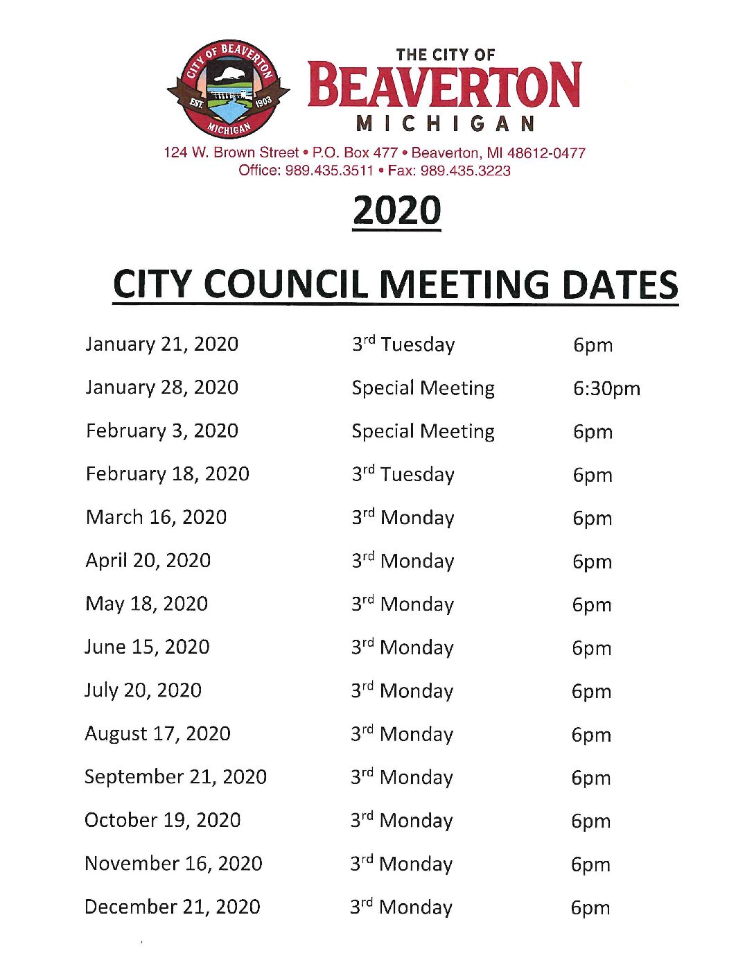 2020 City Council Meeting Dates