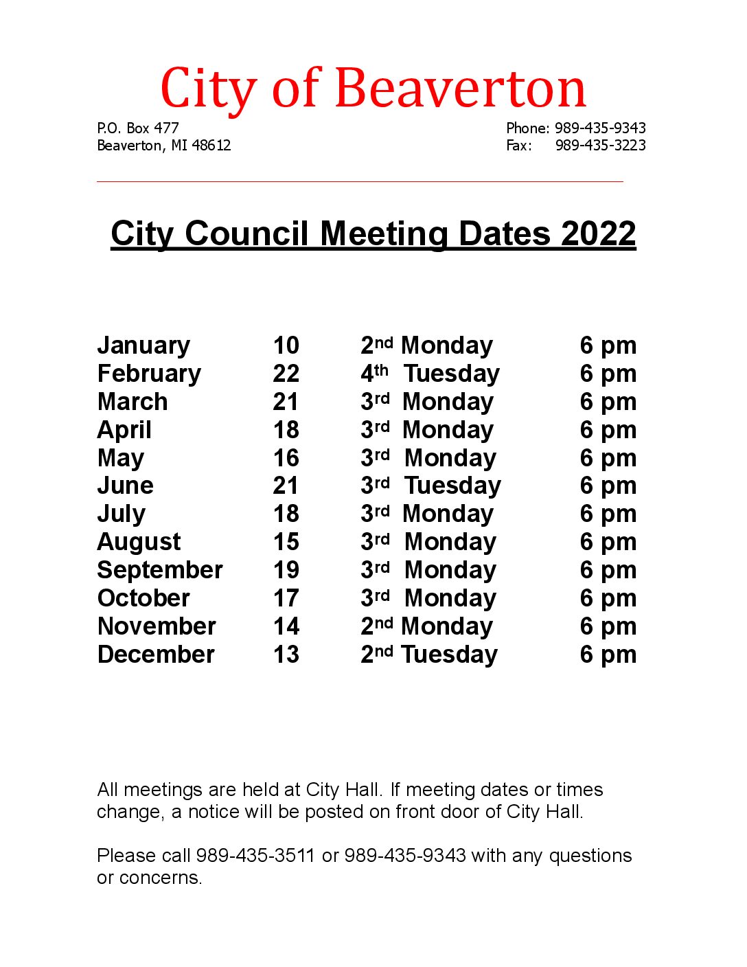 2022 City Council Meeting Dates