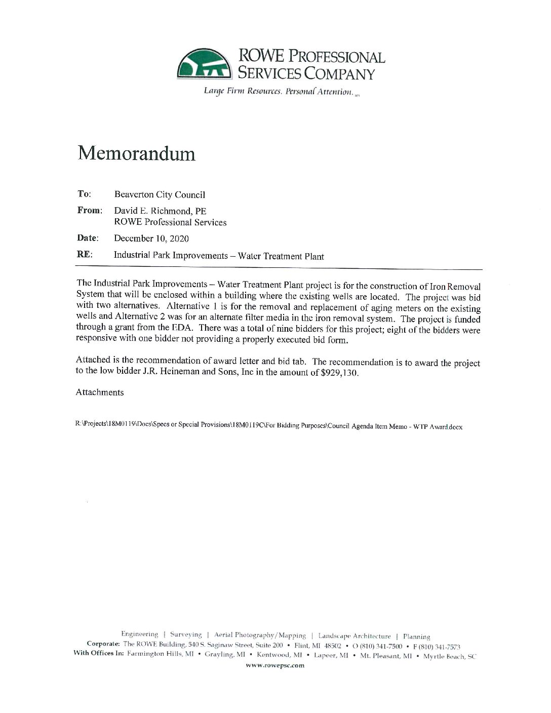 2020 City Council Memo – Award Industrial Park Improvements – Water Treatment Plant