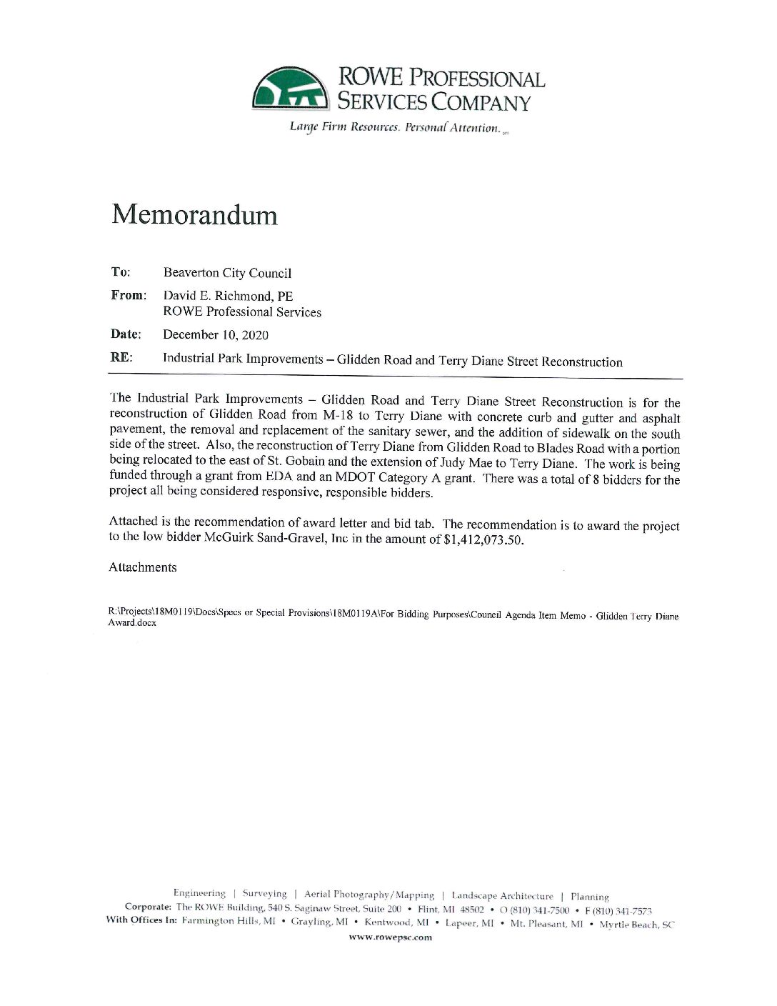 2020 City Council Memo – Award Industrial Park Improvements – Glidden and Terry Diane Street Reconstruction