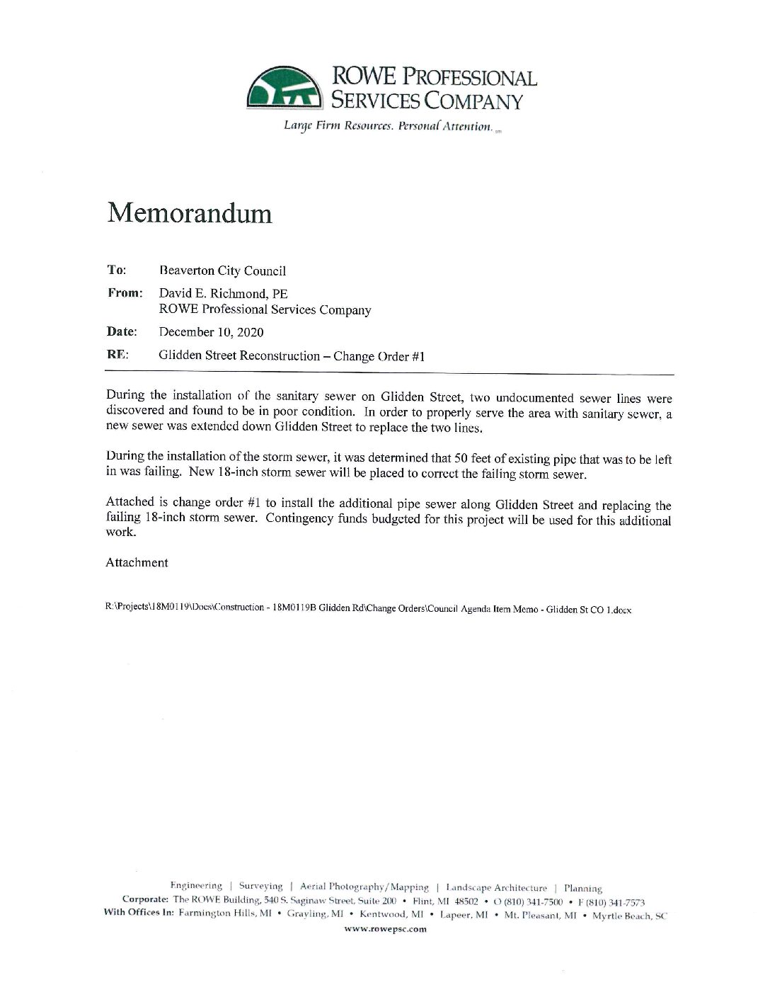 2020 City Council Memo – Glidden Street Reconstruction Change Order 1