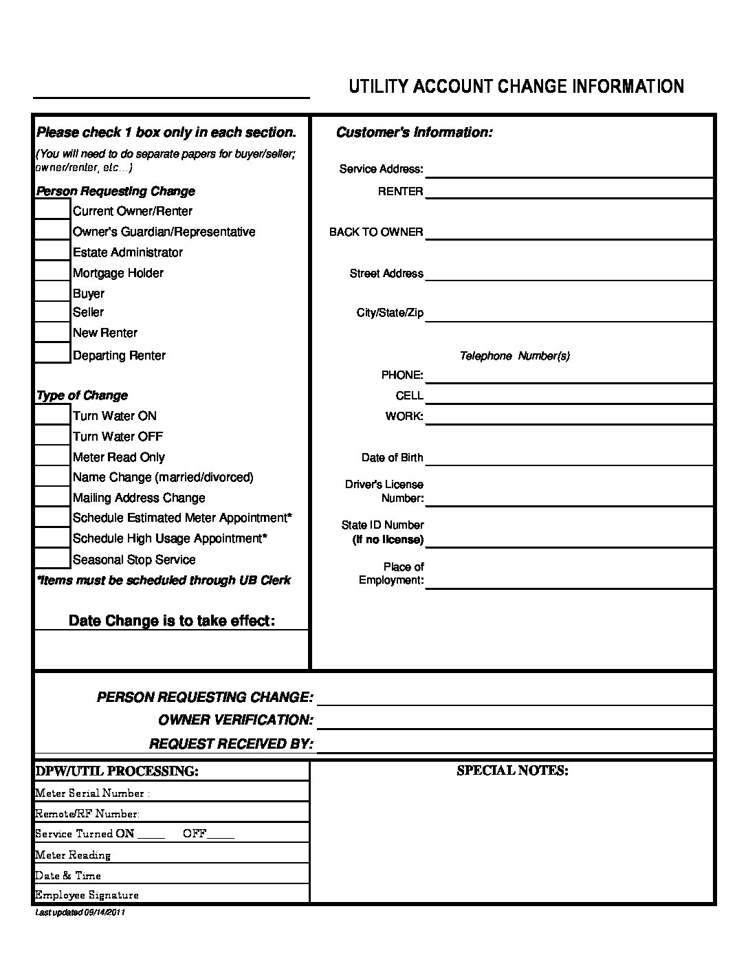 Utility Account Change Form