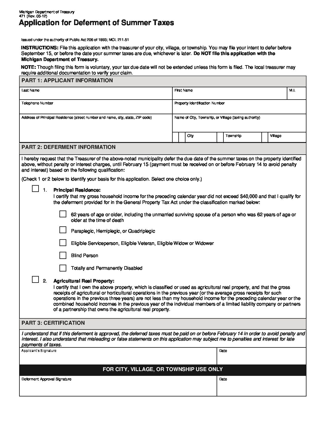 Determent of Summer Taxes Fillable Application