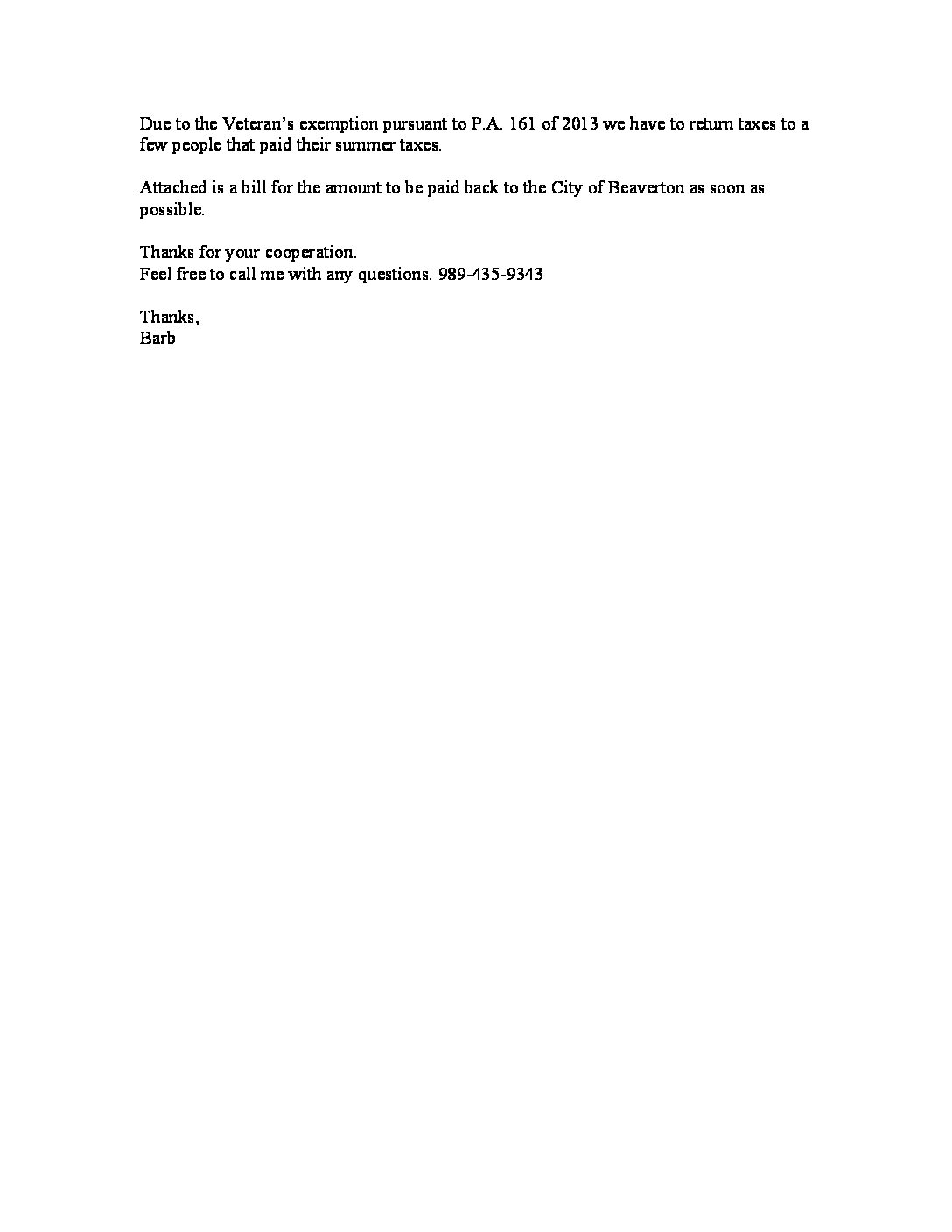 2013 Tax Reimbursement Letter – Veterans Exemption