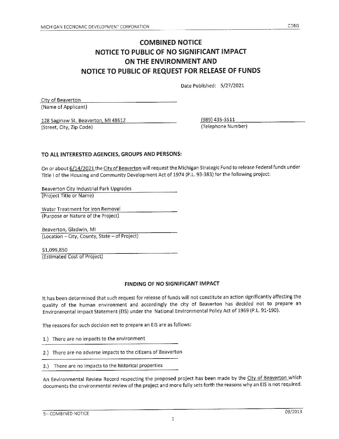 2021 Industrial Park Upgrades – Water Iron Removal – MEDC-CDBG-05 Combined Notice – 05.26.2021