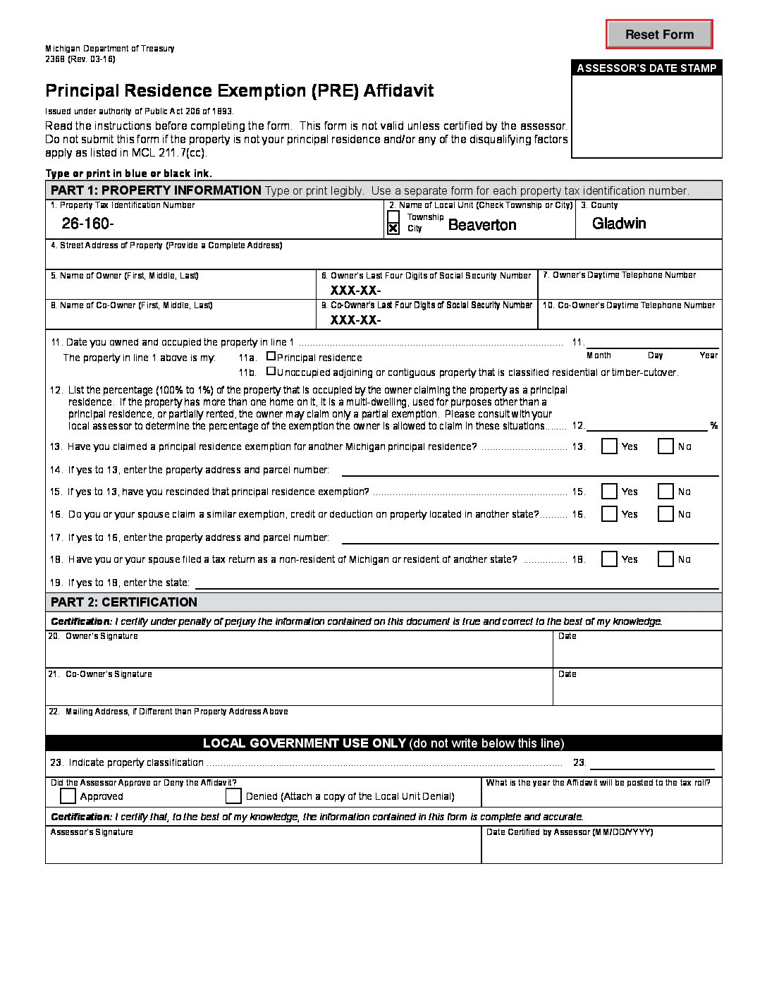 Principal Residence Exemption Form