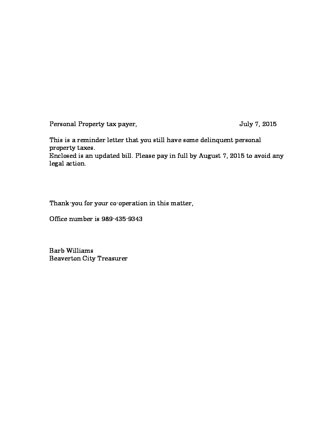 2015 Personal Property Tax Letter