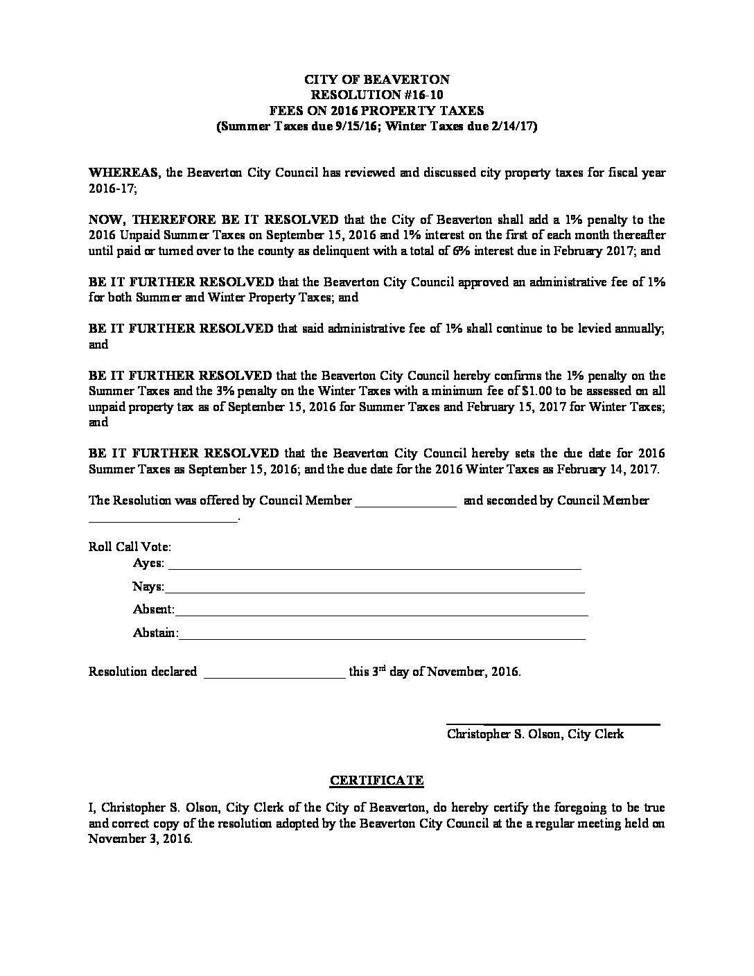 2016 Fees on Unpaid Property Taxes Resolution 16-10