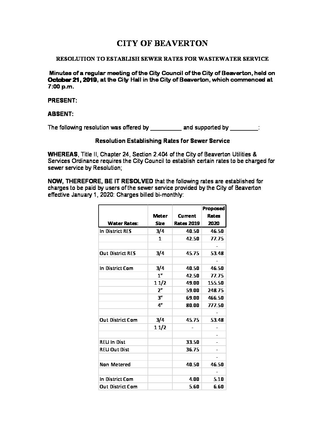 2020 Sewer Rates Resolution 2019-39