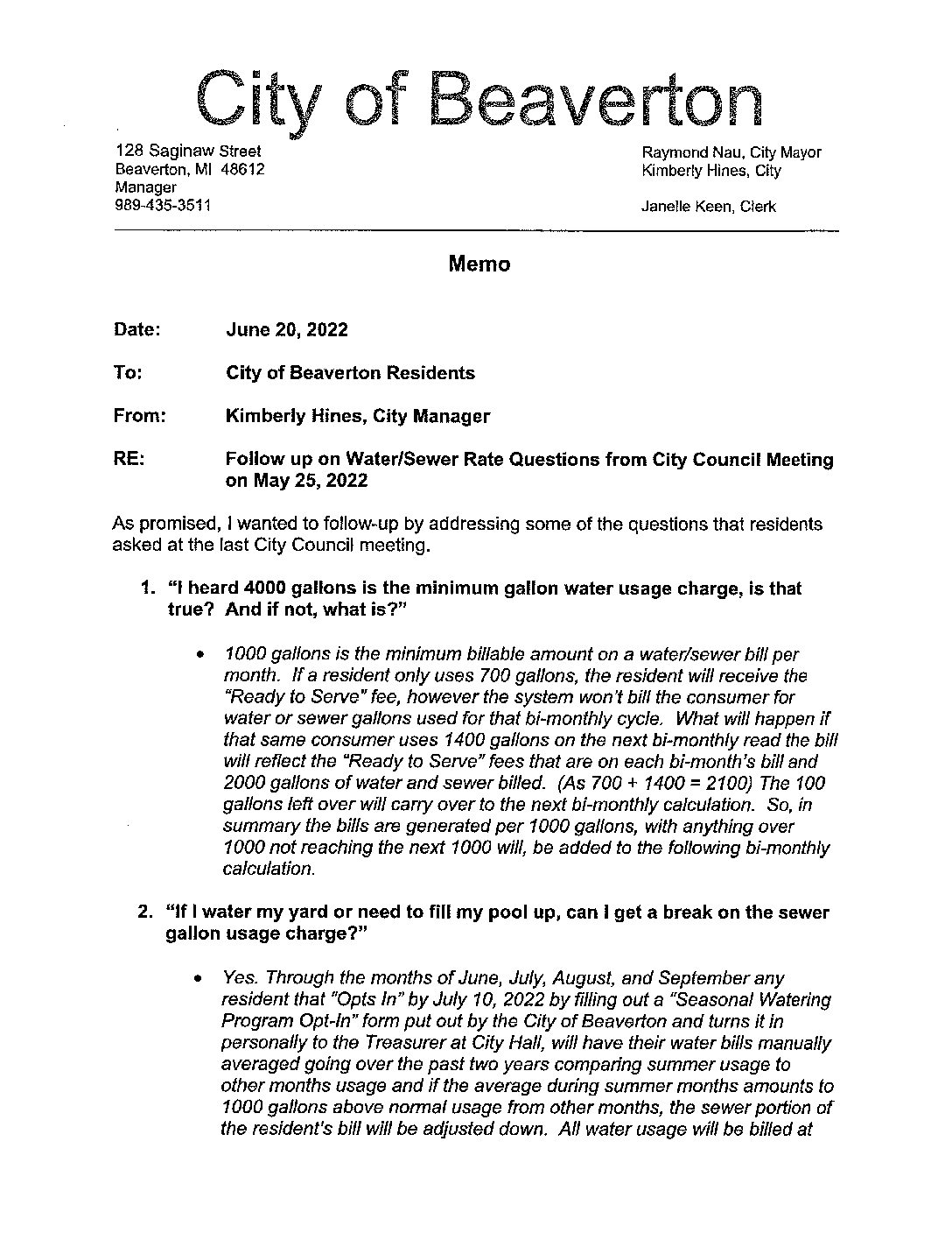 2022 Response to Residents Water and Sewer Questions