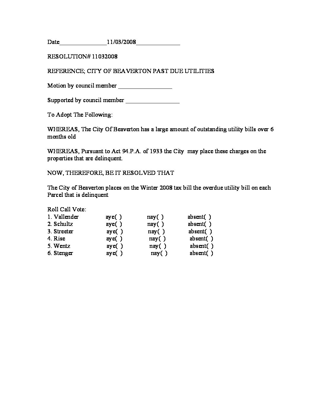 Past Due Utilities Resolution Template