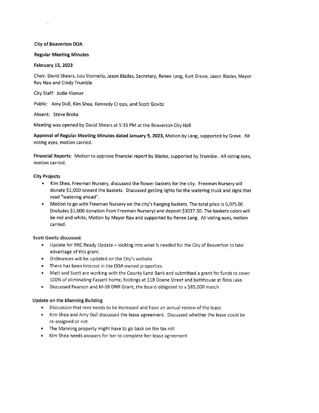 DDA Minutes – 02.13.2023