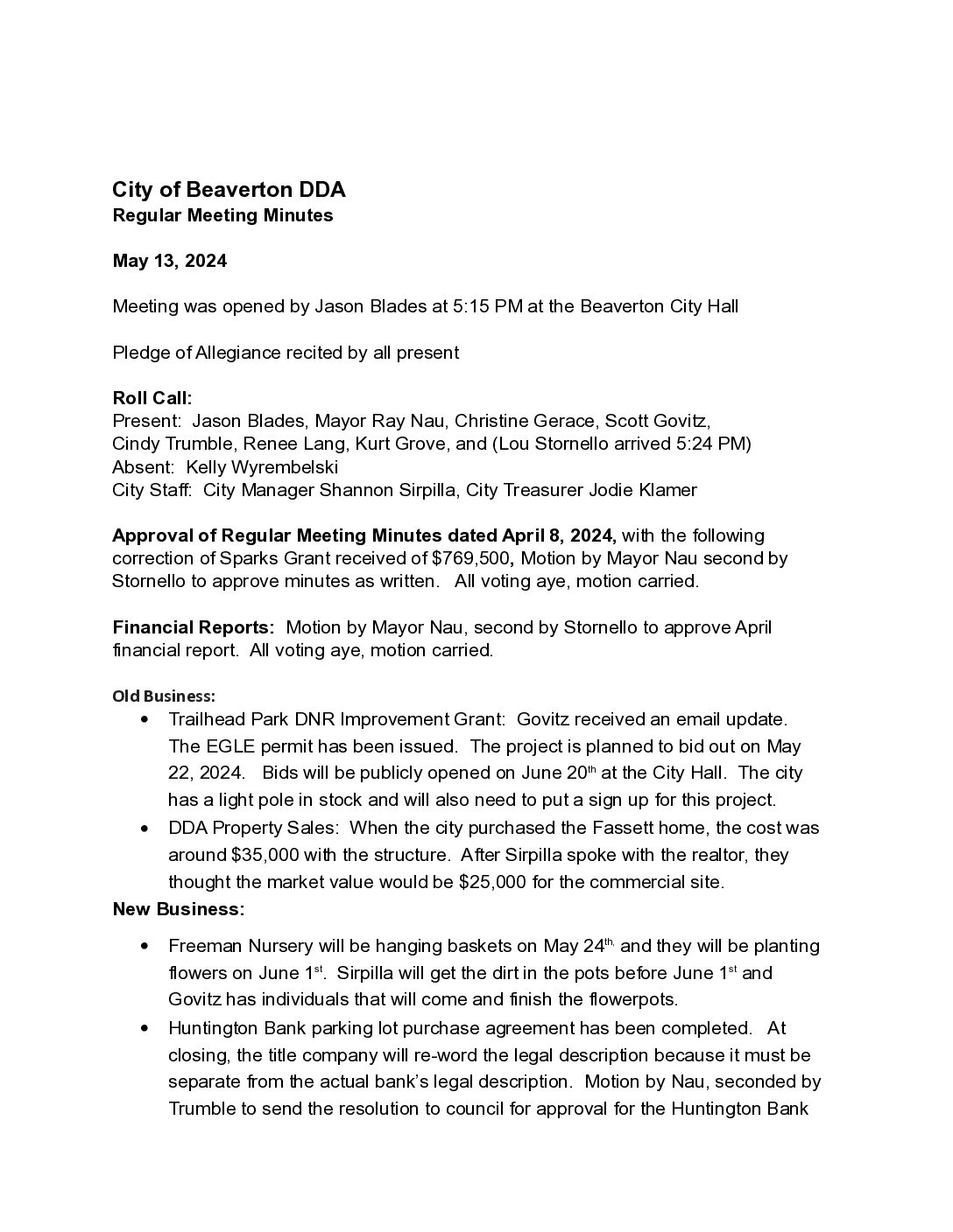 DDA Minutes – 05.13.2024