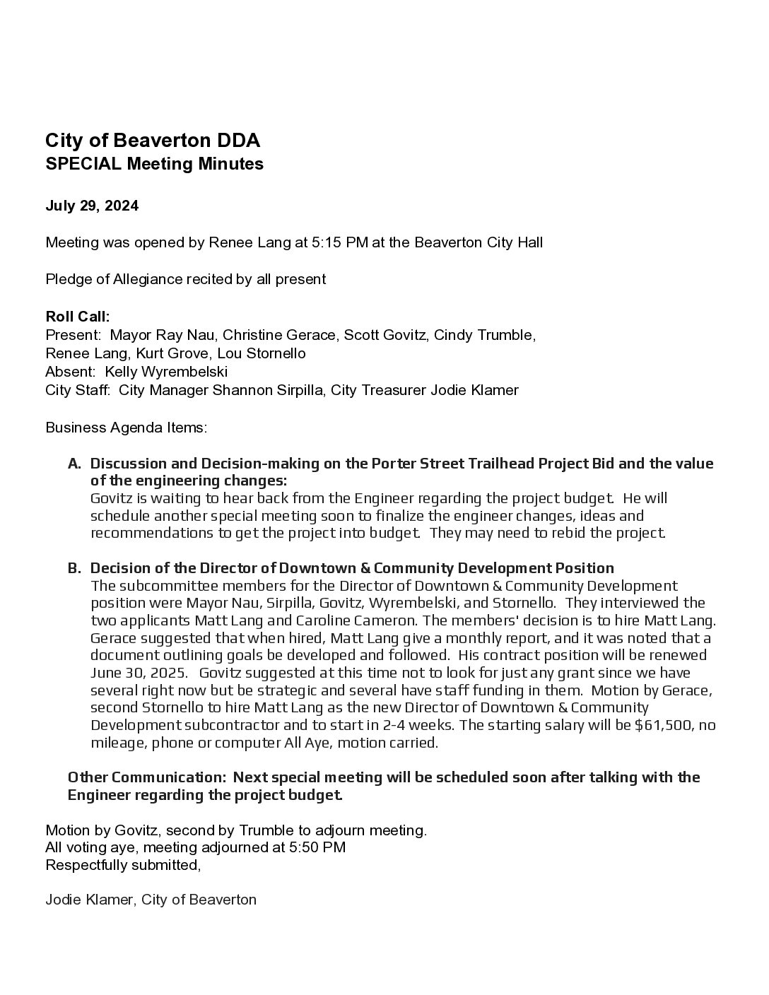 DDA Special Minutes – 07.29.2024